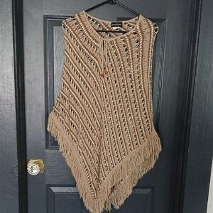 Fringed Knit Sweater Poncho - Tan